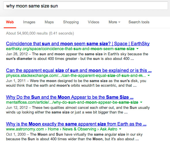 Google results for why moon same size sun